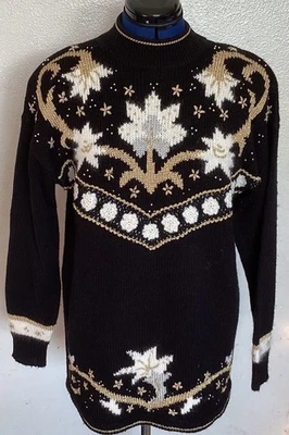 Suéter Largo Navidad Vintage Dana Scott Talla L Argyle Negro Blanco Dorado Nevado Foto 1 de 4