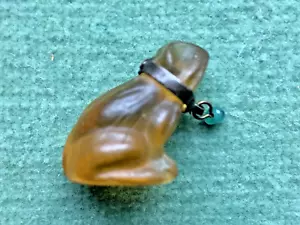 1930s Antique Czech Amber Glass Frog Cracker Jack Charm w Collar & Blue Bead - Picture 1 of 12