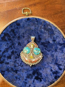 Turquoise & Coral pendant Tribal Good Luck, Charm, vintage face charm Tibet - Picture 1 of 5
