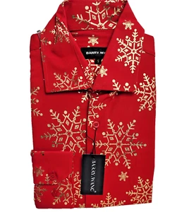 Barry Wang Red Long Sleeve Button Up Shirt Men's Christmas Gold Snowflake Print - Picture 1 of 13