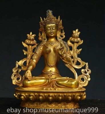 8" Old Chinese Copper Gilt Buddhism 7 Eyes White Tara Guan Yin Goddess Statue - Image 1 of 4