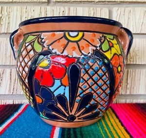 Lg MEXICAN TALAVERA Folk Art POTTERY FLOWER POT PLANTER CERAMIC #17 - Picture 1 of 11