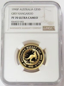 1990 P GOLD AUSTRALIA 2248 MINTED $50 GREY KANGAROO 1/2 OZ NGC PF 70ULTRA CAMEO - Picture 1 of 2