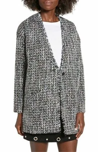 Leith Coat Womens Size XS Black White Tweed Fray Cocoon Single Button Lined - Picture 1 of 11