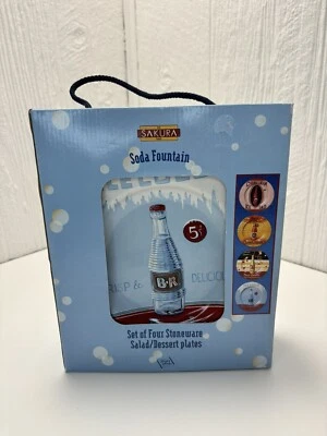 Sakura Soda Fountain Set Of 4 Stoneware Salad Dessert Plates - New In Box - Image 1 of 4