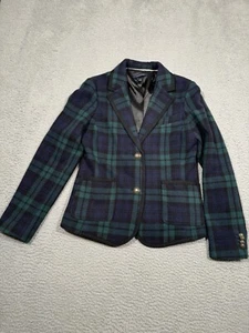 Lands End Women's Blue Green Plaid Wool Blazer Tartan Size 6 2 Buttons Pocket - Picture 1 of 11