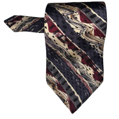 JT Beckett Tie Men 58"L Blue Maroon Abstract Art Deco Style 100% Silk Vintage - Image 1 of 4
