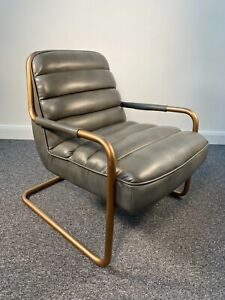 Grey Leather Armchair Bronze Metal Legs Lounge Statement Retro Vintage Chair