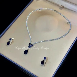 18k Platinum Filled Lab-Created Blue Sapphire Necklace Earrings Set Gorgeous - Picture 1 of 8