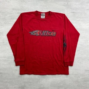 Vintage Y2K Nike Flame Long Sleeve Shirt YOUTH Large Red Swoosh Logo - Picture 1 of 7