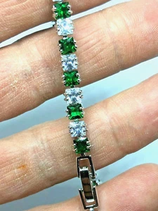 10.00 CT Round Cut Simulated Green Emerald Bracelet 925 Silver Gold Plated - Picture 1 of 5