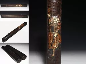 Tubo de humo de bambú japonés antiguo Sagemono Meiji guerrero - Imagen 1 de 8