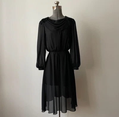 Vestido transparente vintage da década de 1970, capuz drapeado, cintura elástica e mangas balão, pequeno/md - Imagem 1 de 4