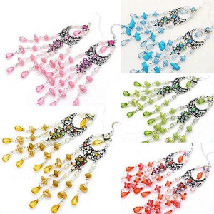 DESIGNER PINK BLUE ORANGE GOLD GREEN SHELL HOOK CHANDELIER SILVER EARRINGS NEW - Picture 1 of 7