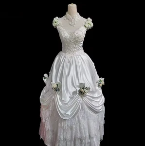 Vintage Princess White Stain O Neck Wedding Dress Rose Beading Pearls Bridal Gow - Picture 1 of 10