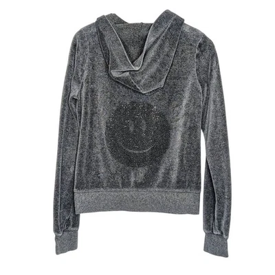 Romeo & Juliet Couture Gray Velour Zip Up Hoodie Jacket Rhinestone Smiley Face - Image 1 of 4