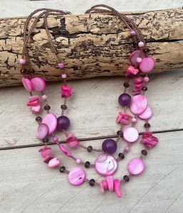 Kette Collier Perlmuttkette,Muschelkette, 3-reihig, Perlmutt oval/rund rosa lila - Bild 1 von 2