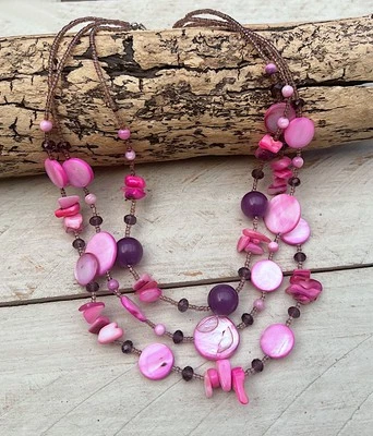 Kette Collier Perlmuttkette,Muschelkette, 3-reihig, Perlmutt oval/rund rosa lila - Bild 1 von 2