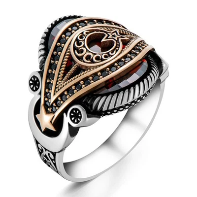 Anillo de plata esterlina 925 maciza granate piedra luna creciente estrella turco para hombre Foto 1 de 4