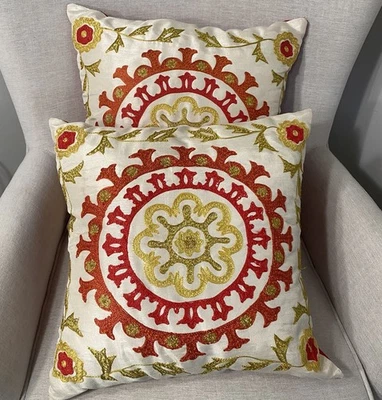 Pier 1 Ecru Red Orange Green Crewel Medallion Accent Pillows Set Of 2 - 16 X 16 - Image 1 of 4