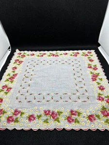 Vintage Damen Taschentuch rosa Blumen gewellter Rand Baumwolle 13,5”x13” LESEN - Bild 1 von 7