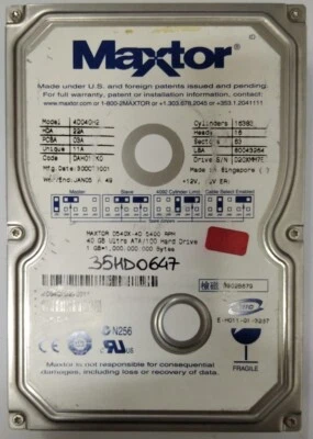 Hard Disk Usato IDE 3,5" 40GB MAXTOR 4D040H2 22A 03A 11A DA017K0 30OCT2001  - Immagine 1 di 4
