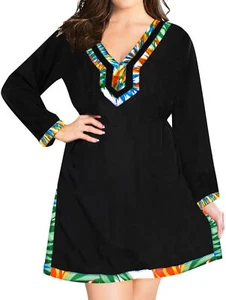LA LEELA Women's Plus Size Caftan Swimwear Cover Up Swimsuit US 8-14 Black_B745 - Picture 1 of 3