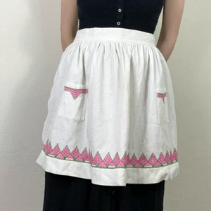 Vintage weiß & rosa bestickte halbe Schürze mit Taschen Größe M - Bild 1 von 5