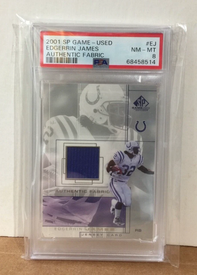Edgerrin James 2001 Upper Deck SP Game Used Fabric Blue Jersey SHORT PRINT PSA8 - Image 1 of 1