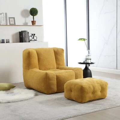 Yellow Velvet Bean Bag Chair Lazy Sofa Floor Sofa w-Ottoman for Living Room - Image 1 of 4