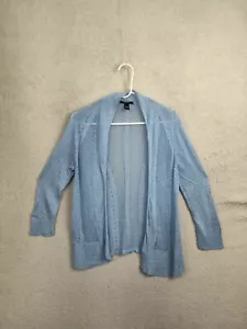 Alfani Women Sweater Large Blue Linen Blend Open Knit Open Front Cardigan Fit - Picture 1 of 16