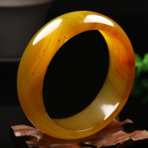 60mm Natural Yellow Brown Chalcedony Jade Bangle Bracelet Agate Bangle 05963 - Picture 1 of 8