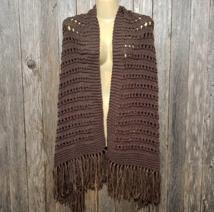NEW Brown Shawl Scarf Wrap Boho Fringed Handmade Hand Knit Knitted Eyelet - Picture 1 of 8
