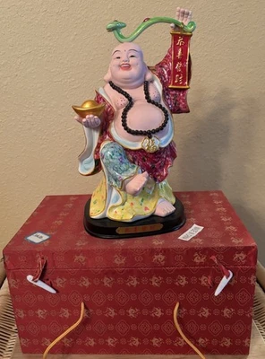 Chinese Laughing Buddha Statue with Hand-painted Robe & Beads with Box. 10.5” - Image 1 of 4
