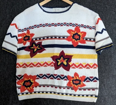 Top tejido grueso vintage talla L rayas coloridas flores de otoño cottagecore caprichoso Foto 1 de 4