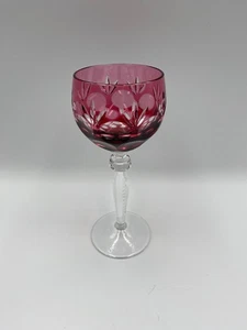Vintage Bohemian Cut to Clear Crystal Cranberry Wine Goblet - Picture 1 of 4
