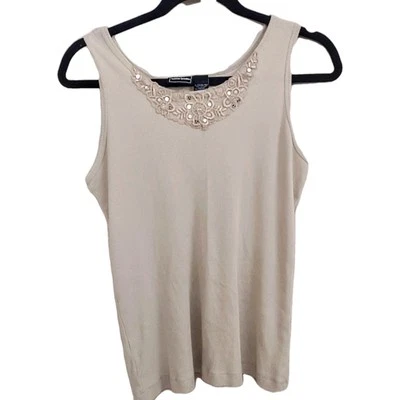 Womens L Neutral Beige Lace Applique Feminine Cami Shell Ribbed Tank Casual Top - Image 1 of 4