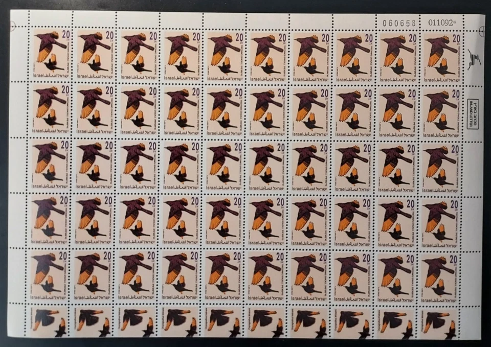 Israel 1992 aves (20 val.) #1134 Hoja completa de 50 MNH Foto 1 de 1