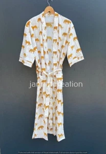 Hand Block Print Kimono Cotton Kimono Bathrobe Cardigan Nightwear Dressing Gown - Picture 1 of 5
