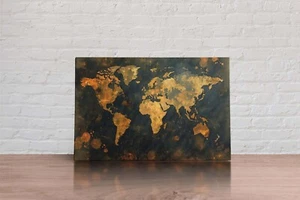 Framed Map of the World Gold Tone Abstract Canvas Wall Art Picture Print Style - Picture 1 of 2