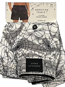 NWT AMERICAN EAGLE Satin Pocket Boxer Sz XS-S-M-L-XL White Black Spider Webs #76 - Picture 1 of 7