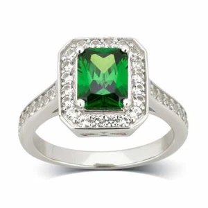 Sterling Silver 2.50 CT Emerald CZ & White Corundum Halo Engagement Ring Jewelry - Picture 1 of 5