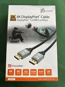 j5create 8K DisplayPort™ 6.6ft Cable New Factory Sealed  - Picture 1 of 5