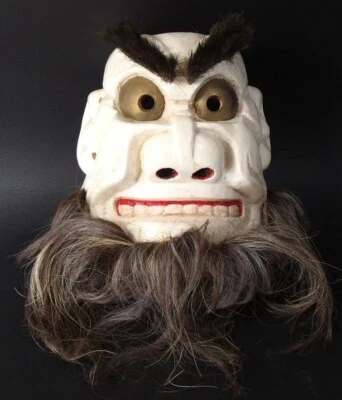 ESCULTURA JAPONESA TALLADA MADERA KAGURA MÁSCARA HOMBRE BARBUDO PESADO ADORNO VINTAGE Foto 1 de 4