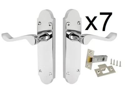 Door handles Chrome polished Shaped Scroll Pack of 7 pairs Latches included - Image 1 of 4
