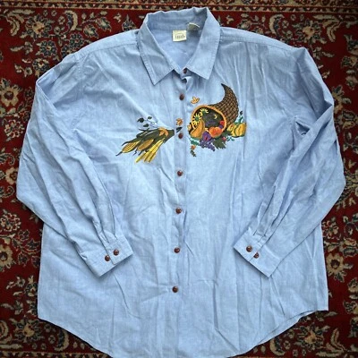 Vintage Thanksgiving Button Up Shirt Embroidered Falls Creek 22W 90s - Image 1 of 3