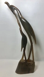 Vintage 60’s Pair Egret Figurine Carved Horn Heron Mother Feeding Baby Stork - Picture 1 of 9