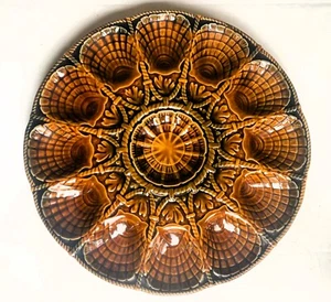 Oyster Serving Platter Plate with Scallop shells Sarreguemines  Majolica  15" - Picture 1 of 4