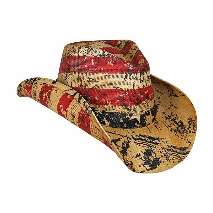 Men's Vintage Tea-Stained USA American Flag Shape-It Brim Cowboy Hat w/ Western - Image 1 of 1