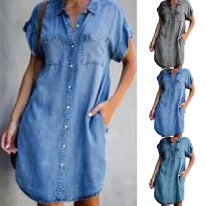 Summer Women Denim Midi Dress Ladies short sleeve Shirt Jeans Dress Big Size# - Picture 1 of 16